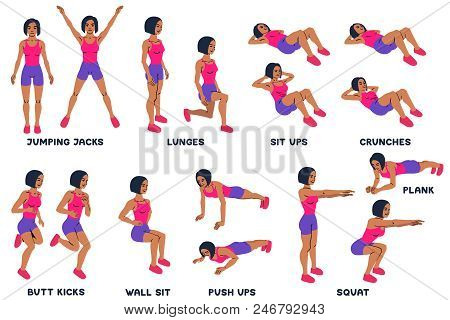 Squat. Sport Exersice. Silhouettes Of Woman Doing Exercise. Workout, Training Vector Illustration