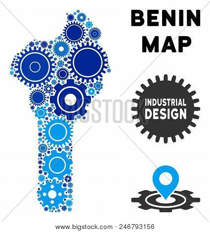 Industrial Benin Map Mosaic Of Cogs. Abstract Geographic Scheme In Blue Color Tints. Vector Benin Ma