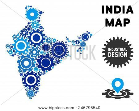 Repair Service India Map Composition Of Gears. Abstract Territorial Plan In Blue Color Hues. Vector 