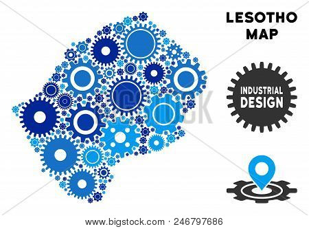 Industrial Lesotho Map Mosaic Of Gears. Abstract Geographic Plan In Blue Color Tinges. Vector Lesoth