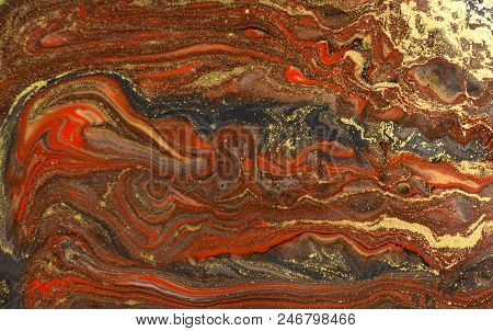Marble Abstract Acrylic Background. Red Marbling Artwork Texture. Agate Ripple Pattern. Gold Powder