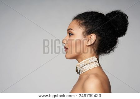 Beauty Closeup Profile Portrait Of Beautiful Mixed Race Caucasian - African American Woman Wearing C