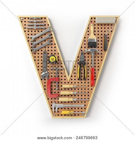 Letter V. Alphabet from the tools on the metal pegboard isolated on white.  3d illustration