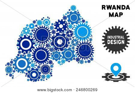 Repair Service Rwanda Map Collage Of Gears. Abstract Geographic Plan In Blue Shades. Vector Rwanda M