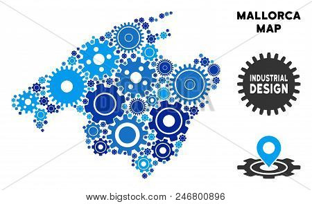 Repair Service Spain Mallorca Island Map Collage Of Cogs. Abstract Geographic Scheme In Blue Shades.