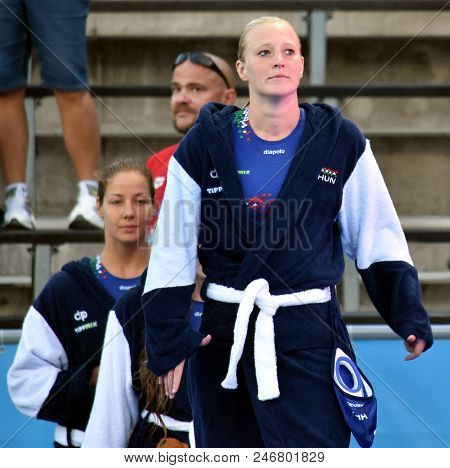 Budapest, Hungary - Jul 16, 2017. ANTAL DORA (front) and SZUCS Gabriella (back), hungarian waterpolo players. FINA Waterpolo World Championship was held in Alfred Hajos Swimming Centre.
