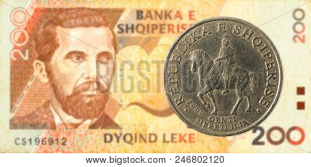 50 Albanian Lek Coin Against 200 Albanian Lek Bank Note