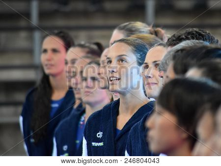 Budapest, Hungary - Jul 16, 2017. Hungarian women waterpolo team listen the national anthem, GANGL Edina in focus. FINA Waterpolo World Championship was held in Alfred Hajos Swimming Centre.