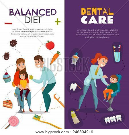 Vertical Pediatric Dentistry Vertical Banner Set With Balanced Diet And Dental Care Descriptions Vec