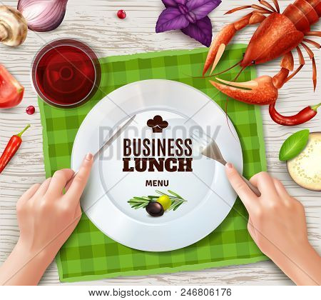 Using Cutlery Properly Top View Plate Lobster Saus And Hands Holding Fork And Knife Realistic Vector