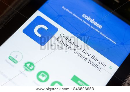 Ryazan, Russia - June 24, 2018: Coinbase - Buy Bitcoin And More, Secure Wallet Mobile App On The Dis