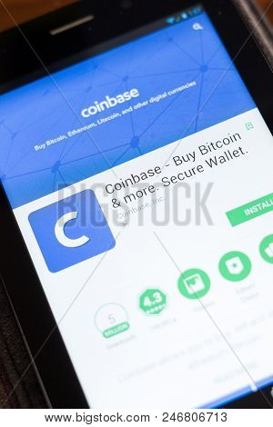 Ryazan, Russia - June 24, 2018: Coinbase - Buy Bitcoin And More, Secure Wallet Mobile App On The Dis