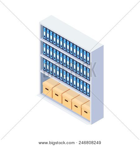 Isometric Office Furniture. 3d Cabinet With Folders For Papers And Boxes Isolated On White Backgroun