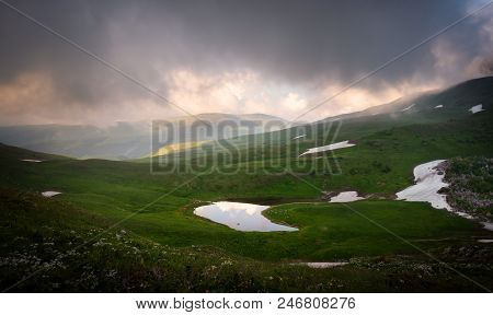 Lake Psenodah In The Middle Of Alpine Meadows In The Mountains. Lago-naki. Russia