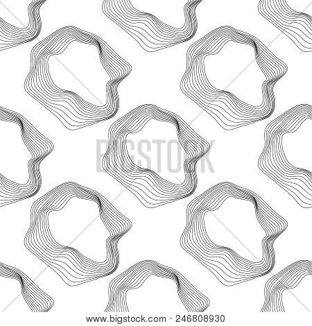 Vector Monochrome Seamless Pattern With Deformed Repeating Geometric Shapes.