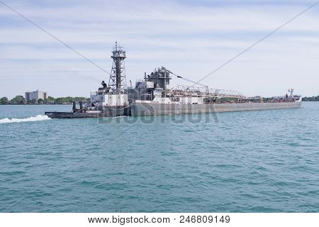 Detroit River, Michigan - June 14, 2018. The Self-unloading Cargo Barge, Menominee, Integrated With 