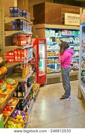 MILAN, ITALY - CIRCA NOVEMBER, 2017: interior shot of Carrefour Express store in Milan.