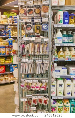 MILAN, ITALY - CIRCA NOVEMBER, 2017: assortment of goods for sale at Carrefour Express in Milan.