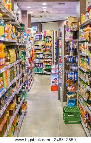 MILAN, ITALY - CIRCA NOVEMBER, 2017: food products for sale in Carrefour Express store in Milan.