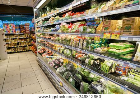 MILAN, ITALY - CIRCA NOVEMBER, 2017: food products for sale in Carrefour Express store in Milan.
