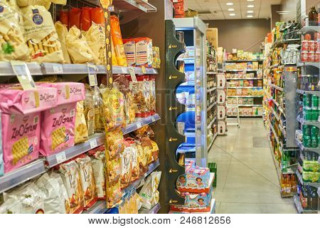 MILAN, ITALY - CIRCA NOVEMBER, 2017: interior shot of Carrefour Express store in Milan.