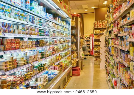 MILAN, ITALY - CIRCA NOVEMBER, 2017: food products for sale in Carrefour Express store in Milan.