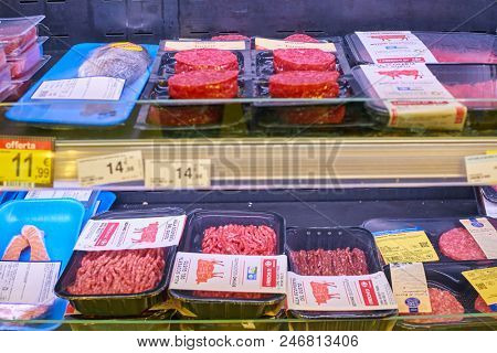 MILAN, ITALY - CIRCA NOVEMBER, 2017: assortment of meat products on display for sale at Carrefour Express in Milan.