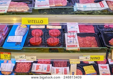 MILAN, ITALY - CIRCA NOVEMBER, 2017: assortment of meat products on display for sale at Carrefour Express in Milan.