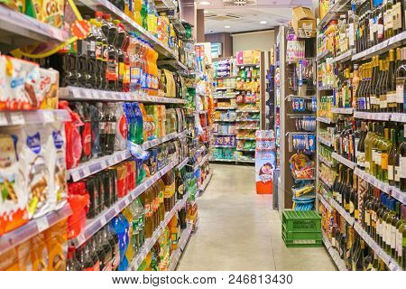MILAN, ITALY - CIRCA NOVEMBER, 2017: food products for sale in Carrefour Express store in Milan.