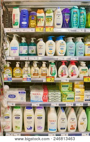MILAN, ITALY - CIRCA NOVEMBER, 2017: assortment of goods for sale at Carrefour Express in Milan.