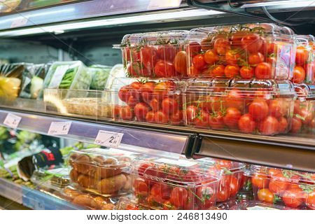 MILAN, ITALY - CIRCA NOVEMBER, 2017: assortment of food on display for sale at Carrefour Express in Milan.