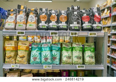 MILAN, ITALY - CIRCA NOVEMBER, 2017: assortment of coffee on display for sale at  Bio c'Bon store in Milan.