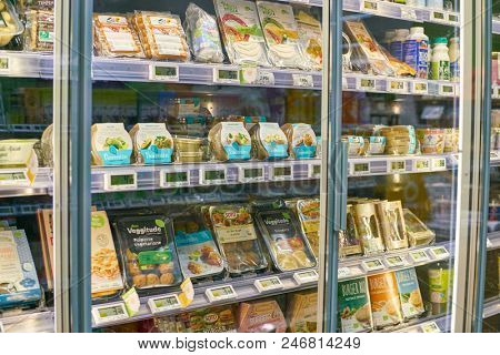 MILAN, ITALY - CIRCA NOVEMBER, 2017: assortment of food on display for sale at  Bio c'Bon store in Milan.