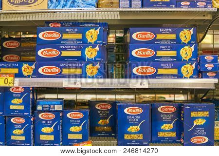 MILAN, ITALY - CIRCA NOVEMBER, 2017: assortment of pasta on display for sale at Carrefour Express in Milan.