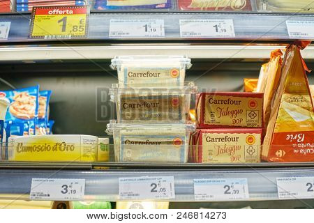 MILAN, ITALY - CIRCA NOVEMBER, 2017: assortment of food on display for sale at Carrefour Express in Milan.