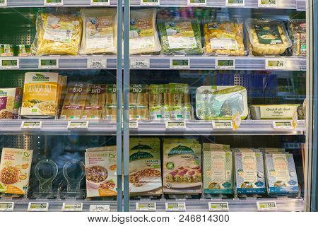 MILAN, ITALY - CIRCA NOVEMBER, 2017: assortment of food on display for sale at  Bio c'Bon store in Milan.