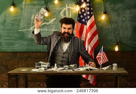 Budget Increase Policy. Budget Of Ameca With Bearded Man At Flag