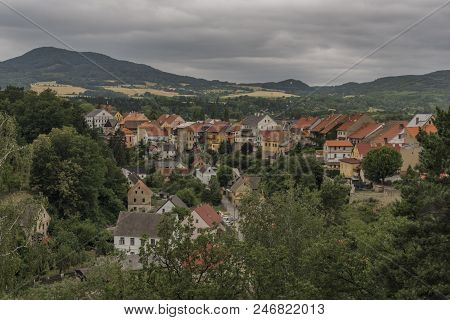 Ustek Town With Old Houses In Dark Summer Day In North Bohemia Region