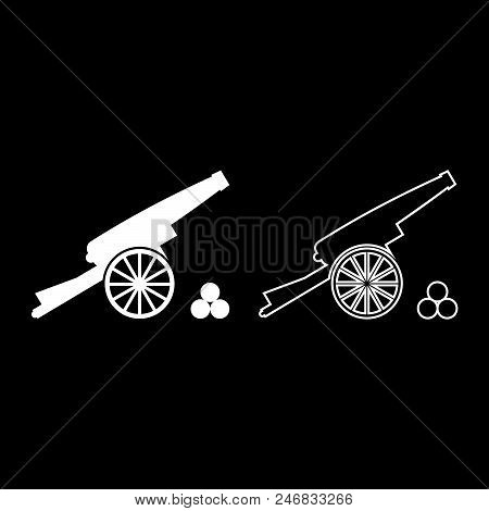 Medieval Cannon Firing Cores Icon Set White Color Vector Illustration Flat Style Simple Image