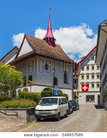 Schwyz, Switzerland - June 23, 2018: View Along A Street In The Historic Part Of The Town Of Schwyz.