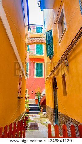 Colorful Buildings In Monterosso In Cinque Terre, Italy On Sunny Day.