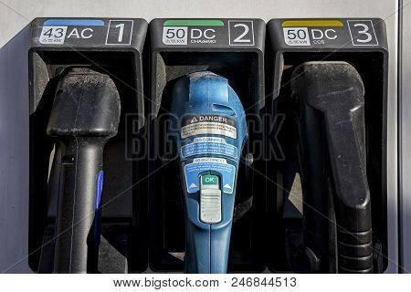 Power Supply For Electric Car Charging. Electric Car Charging Station. Close Up Of The Power Supply 