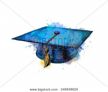 Graduation Cap, Square Academic Cap From A Splash Of Watercolor, Hand Drawn Sketch. Vector Illustrat