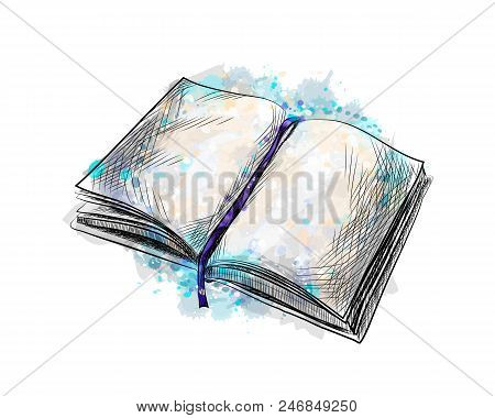 Open Book From A Splash Of Watercolor, Hand Drawn Sketch. Vector Illustration Of Paints