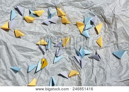 Origami Blanks. Creativity, Handwork. Paper Origami Composition Flat Lay, Space For A Tex, Top View