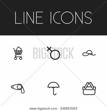 Set Of 6 Editable Shopping Icons Line Style. Includes Symbols Such As Men Sign, Blow Dryer, Hatband.