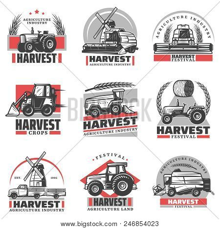 Vintage Harvesting Emblems Set With Inscriptions Tractors Combine Harvester Loader Truck Hay Bale Wh