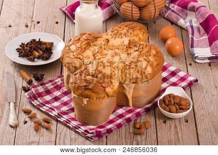 Easter Dove Bread (colomba Pasquale) On Wooden Table.