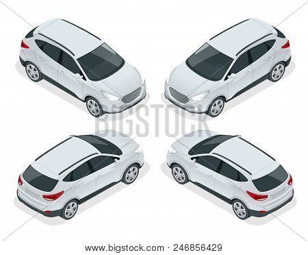 Isometric Car Vector Template On White Background. Compact Crossover, Cuv, 5-door Station Wagon Car.