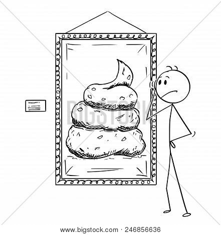 Cartoon Stick Drawing Conceptual Illustration Of Unsatisfied Man Looking At Modern Art Shit Painting